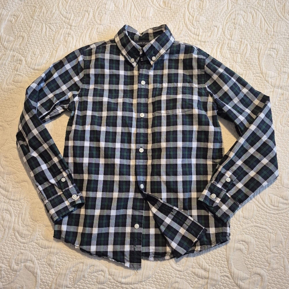 Janie and Jack boys size 8 navy, green white plaid button down shirt VGUC 2022